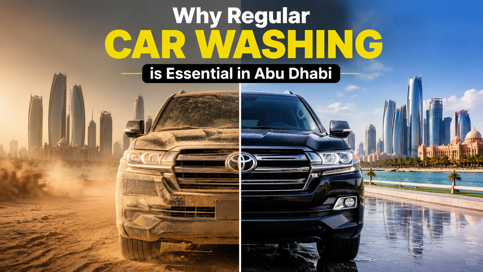 "Dirty and clean SUV in Abu Dhabi skyline comparison."