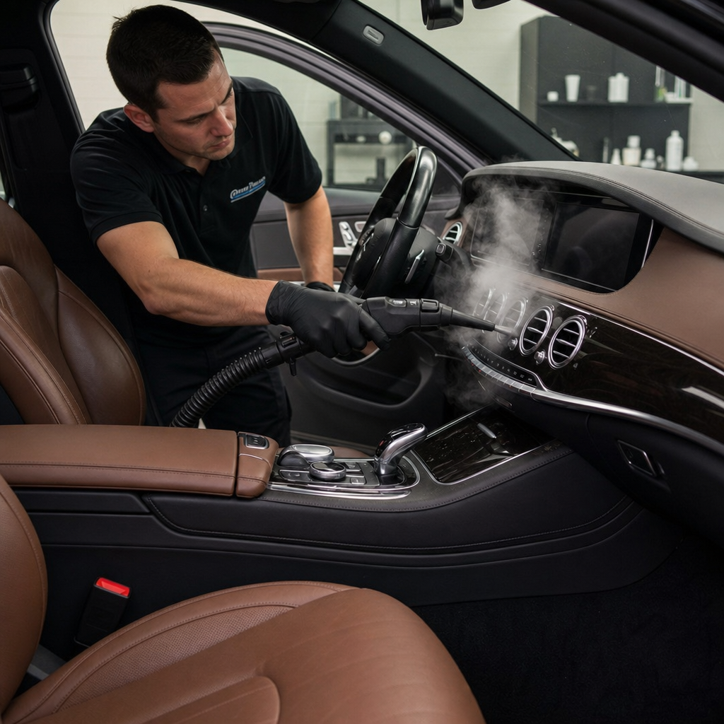 Professional Car Detailing vs. Regular Car Wash: What's the Difference? Interior of a luxury vehicle being steam cleaned by a professional