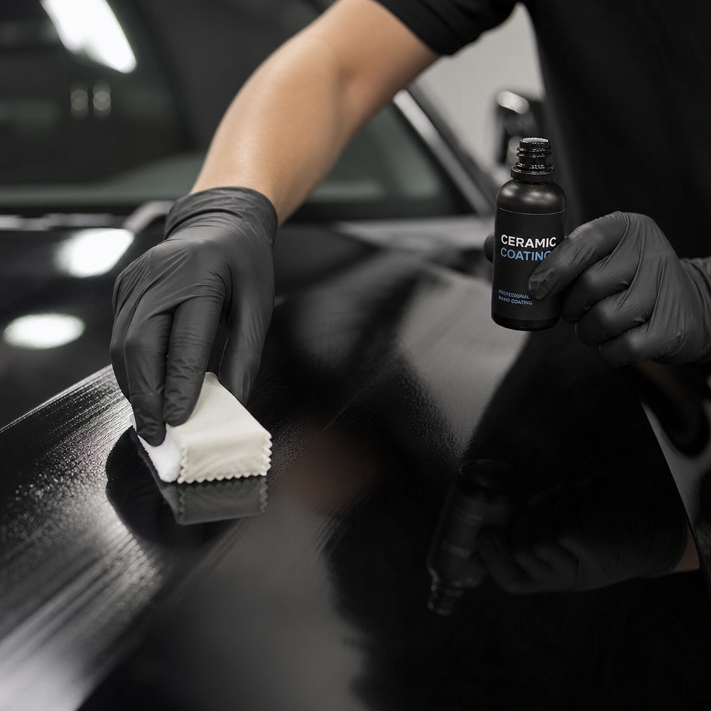 Professional Car Detailing vs. Regular Car Wash: What's the Difference? Close up of a detailer applying ceramic coating to a black car hood
